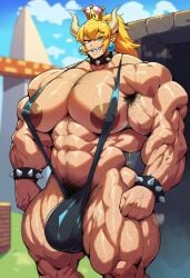abs ai_generated ambush_(trap) armpit_hair bowsette bulge chest_hair extreme_muscles futanari hairy_armpits hairy_arms hairy_chest male mario_(series) muscular muscular_male rule_63 sewoh slingshot_swimsuit solo