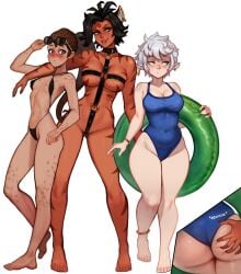 3girls akeowi animal_ears anklet ass ass_grab ass_visible_through_thighs barefoot belly_button big_breasts bikini black_hair blue_eyes blush breasts brown_hair cat_ears catgirl chocolate_and_vanilla dark-skinned_female earrings faunus female female_only fiona_thyme forehead_jewel green_eyes groping_ass heart-shaped_pupils ilia_amitola light-skinned_female long_hair looking_at_partner micro_bikini one-piece_swimsuit onomatopoeia ponytail rwby short_hair sienna_khan skindentation smile striped_body stripes sunglasses swimsuit tanned tanned_female tight_clothing trio white_hair yellow_eyes yuri