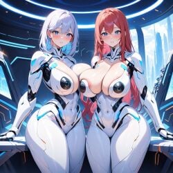 2girls ai_generated android big_breasts blue_eyes blue_hair cat_ears futuristic_background large_breasts long_hair looking_at_viewer nipples original_characters ponceai poncedart red_hair robot_girl robot_humanoid short_hair thighs twitter_username white_armor white_background white_hair wide_hips