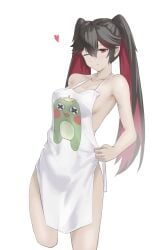 apron apron_only black_hair hi_res lucia_(punishing:_gray_raven) medium_breasts naked_apron punishing:_gray_raven red_eyes red_hair robot_girl solo twintails wink
