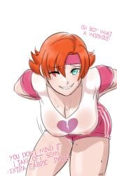 1girls big_breasts booty_shorts female ginger ginger_hair gym_clothes gym_uniform imminent_stripping no_background nora_valkyrie orange_hair rwby see-through see-through_clothing short_hair sinccubi sweat sweatband sweating tagme talking_to_viewer tomboy white_background winking winking_at_viewer