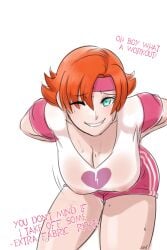 1girls big_breasts booty_shorts breasts female ginger ginger_hair gym_clothes gym_uniform imminent_stripping large_breasts no_background nora_valkyrie orange_hair pink_shorts rwby see-through see-through_clothing short_hair sinccubi smile sweat sweatband sweating tagme talking_to_viewer tomboy white_background winking winking_at_viewer