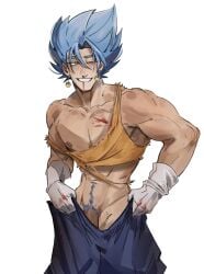 1boy absurdres bare_pectorals blood bruise bruised_eye covering_crotch covering_privates cowboy_shot dougi dragon_ball dressing earrings frisk_(coffezit0s) gloves highres injury jewelry looking_at_viewer male_focus male_only muscular muscular_male navel_hair nipples nosebleed one_eye_closed pectorals penis penis_peek potara_earrings shirt solo spiked_hair standing stomach super_saiyan super_saiyan_blue torn_clothes torn_shirt vegetto white_gloves