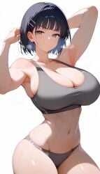 ai_generated asian asian_female athletic_female bare_legs big_breasts black_hair fit fit_female grey_eyes gym_clothes gym_uniform huge_breasts kirigaya_suguha large_breasts light-skinned_female light_skin looking_at_viewer mako_(artist) muscular_female short_hair smiling solo_female squatting sweat sweatdrop sword_art_online thighs voluptuous voluptuous_female