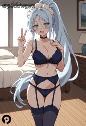 :d ai_generated aqua_eyes bare_arms bare_shoulders bed bedroom black_choker black_thighhighs blue_bra blue_eyes blue_hair blue_panties blush bra breasts choker cleavage collarbone female garter_belt garter_straps hair_between_eyes hand_on_own_chest indoors lamp large_breasts lingerie long_hair looking_at_viewer maid maid_headdress navel open_mouth panties pikkiwynn pillow ponytail sidelocks smile solo stomach sylpha sylpha_langlis teeth tensei_shitara_dai_nana_ouji_dattanode,_kimamani_majutsu_o_kiwamemasu thigh_gap thighhighs thighs underwear underwear_only v very_long_hair