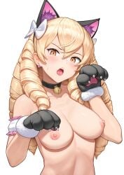 1girls animal_ears animal_hands arm_garter bell black_choker black_gloves blonde_hair blush bow breasts cat_ears choker collarbone compact_body earrings fake_animal_ears female female_only fire_emblem fire_emblem_awakening gloves hairbow head_tilt highres jewelry long_hair looking_at_viewer maribelle_(fire_emblem) medium_breasts neck_bell nintendo nipples nude open_mouth paw_gloves paw_pose quad_tails simple_background solo stud_earrings sweatdrop upper_body white_background white_bow yellow_eyes zero_a