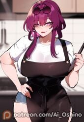 ai_generated apron black_apron cooking female highres honkai:_star_rail honkai_(series) hoshino_ai_(generated) kafka_(honkai:_star_rail) kitchen large_breasts looking_at_viewer micro_shorts milf mommy naughty_face ponytail portrait purple_hair see-through sunglasses t-shirt thick_ass thick_thighs upper_body wet