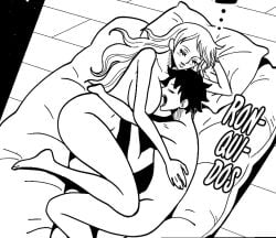 1boy 1boy1girl 1girls after_sex bed big_breasts black_hair blush breasts busty comic comic_panel completely_nude couple cuddling curvy elizagmfn female head_between_breasts long_hair male monkey_d_luffy nami nude one_piece pillow post-timeskip short_hair sleeping sleeping_together thick_thighs