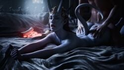 1boy 1girls 3d baldur's_gate baldur's_gate_3 bed blue_skin closed_eyes devil female grabbing_ass grabbing_sheets head_jewelry horns human interspecies jewelry male mizora on_bed open_mouth pale_skin pointy_ears prone_bone sharp_teeth shmopla tail