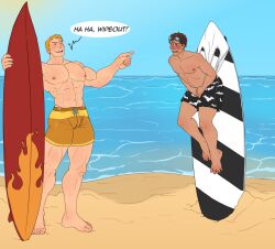 2boys beach blonde_hair blushing eight_pack embarrassed eyes_closed hanging_wedgie humiliated humiliation laughing_at_another male_only marmotap officer_dare sand surfboard swimming_trunks taunting wedgie