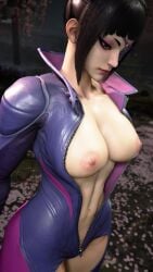 1girls 3d 3d_(artwork) areola areolae bangs big_breasts black_hair blunt_bangs breasts breasts_out busty capcom exposed_breasts eyepatch female female_solo han_juri juri_han large_breasts light-skinned_female light_skin mod navel nipples no_bra one_eye_covered one_eye_obstructed outdoors portrait purple_suit sf_screenshot solo solo_female standing street_fighter street_fighter_6 thick_thighs thighs three-quarter_portrait zipper zipper_down