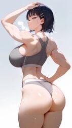 ai_generated asian asian_female athletic_female back_view backboob bare_legs big_ass big_breasts big_butt black_hair fat_ass fit fit_female grey_eyes gym_clothes gym_uniform huge_breasts kirigaya_suguha large_breasts light-skinned_female light_skin looking_back mako_(artist) muscular_female short_hair smiling solo_female sword_art_online thick_thighs thighs voluptuous voluptuous_female