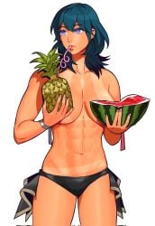 1girls abs alternate_costume bikini bikini_bottom_only black_bikini_bottom black_swimsuit blue_hair breasts byleth_(female)_(fire_emblem) byleth_(female)_(summer)_(fire_emblem) byleth_(fire_emblem) byleth_(fire_emblem)_(female) convenient_censoring crazy_straw drinking drinking_straw female female_only fire_emblem fire_emblem:_three_houses fire_emblem_heroes food fruit highres holding holding_food holding_fruit huge_breasts medium_hair muscular muscular_female nintendo official_alternate_costume pineapple radiostarkiller solo stomach swimsuit tan tan_skin tanlines topless watermelon