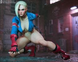 3d alley blonde_hair blue_eyes cammy_white female gloves graffiti highres jacket mizzuh navel open_clothes open_jacket patreon_logo patreon_username public_indecency public_nudity pussy street_fighter street_fighter_6 thighs twitter_logo twitter_username