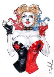 1girls 2018 batman_(series) big_breasts black_choker black_collar black_corset black_gloves blonde_hair blue_eyes blue_highlights blue_nail_polish blue_nails busty choker cleavage collar corset curvaceous curvy dated dc dc_comics ed_benes_studio facepaint female female_only fingerless_gloves gloves grey_skin harley_quinn highlights human jeferson_lima long_hair makeup nail_polish pinup red_corset red_gloves red_highlights red_lips red_lipstick red_nail_polish red_nails signature solo supervillain twintails voluptuous