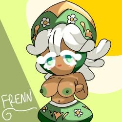 big_breasts chamomile_cookie cookie_run cookie_run_tower_of_adventure flower green_eyes green_nipples half-dressed hat heart-shaped_pupils pressing_breasts showing_breasts tagme traced traced_art white_hair