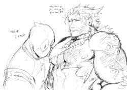 2boys arm_hair baimonbluewhale blush deadpool english_text gay hairy hairy_male large_pectorals logan_(x-men) looking_at_pecs marvel mask muscles muscular_male nipples pectorals torn_clothes wade_wilson wolverine_(x-men) x-men yaoi