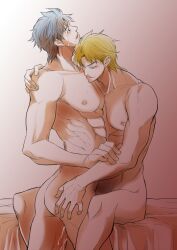 2boys blonde_hair blue_hair dio_brando gay jojo's_bizarre_adventure jonathan_joestar male male/male male_only muscular_male phantom_blood yaoi