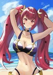 1girls absurdres alternate_costume alternate_hairstyle arerex beach bikini black_choker breasts choker cleavage facial_mark female female_only fire_emblem fire_emblem_engage hair_ornament highres large_breasts long_hair looking_at_viewer nintendo ocean outdoors purple_bikini purple_swimsuit red_eyes red_hair solo star_(symbol) star_facial_mark star_hair_ornament swimsuit twintails very_long_hair yunaka_(fire_emblem)