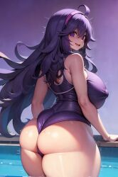 ai_generated back_view backboob big_ass big_butt chichiyama fat_ass game_freak gigantic_ass gigantic_breasts hairband hex_maniac huge_breasts light-skinned_female light_skin long_hair looking_back massive_ass massive_breasts nintendo nipples_visible_through_clothing pokemon pokemon_xy pool poolside purple_eyes purple_hair smiling solo_female squatting sweat sweatdrop swimsuit voluptuous voluptuous_female