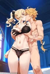 1boy 1girls abs aether_(genshin_impact) ai_generated bare_arms bare_legs bare_shoulders bare_thighs big_breasts blonde_hair blue_eyes blush bons_ai bra color female genshin_impact grabbing_breasts hand_on_breast hi_res jean_gunnhildr kissing large_breasts light-skinned_female light_skin lingerie long_hair looking_at_viewer male male/female mihoyo muscles muscular muscular_male panties tagme thick_thighs underwear