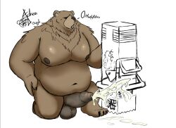 adrian_dough anthro balls bear belly ben_bigger bodily_fluids brown_bear claws cum cum_on_ground darkened_genitalia ejaculation eye_scar facial_scar foreskin genital_fluids genitals hand_on_hip kneeling male male_only mammal mihoyo moan moobs nude overweight overweight_male penis scar solo text toe_claws ursine vein veiny_balls veiny_penis weapon zenless_zone_zero