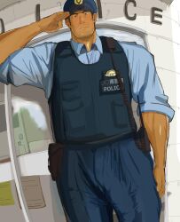 bara big_bulge bulge clothing daddy huge_bulge looking_at_viewer male male_only manly mature_male muscular_male penis_outline penis_under_clothes police police_officer tight_clothing waribashi