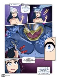 big_breasts blue_hair dawn_(pokemon) fake_face machoke pokemon pokemon_(species) tagme text