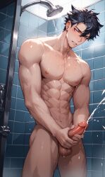 1boy ai_generated big_penis gay genshin_impact kurogitsune male_only masturbation penis shower solo wriothesley_(genshin_impact) yaoi