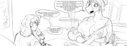 anthro areola artist_name bald big_breasts blush bodily_fluids breast_grab breast_out breast_play breast_suck breastfeeding breastfeeding_during_sex breasts casual_sex cavemanon_studios clothed clothed_anthro clothed_female clothed_sex clothing comic container cup dialogue dinosaur english_text erection eyewear fan_character female fossil_fuel_(sg_mod) genital_fluids genitals glans glasses greyscale group hand_on_breast hand_on_head handjob hi_res holding_container holding_cup holding_object human human_on_anthro humanoid_genitalia humanoid_penis inside interspecies larger_anthro larger_female leaking_precum male mammal monochrome nipples non-mammal_breasts non-mammal_nipples open_mouth penile penis precum prehistoric_species reptile ruth_carlisle saurischian scalie sex size_difference smaller_human smaller_male snoot_game sucking talking_to_another text therizinosaurid therizinosaurus theropod trio yeik_art