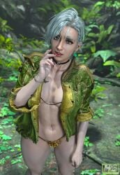 1boy 3d areolae bikini bikini_bottom bikini_top capcom clothed clothing erik_(monster_hunter_wilds) femboy femboy_only forest hagiwara_studio hair_ornament high_resolution highres jacket male male_only monster_hunter monster_hunter_wilds nipples short_hair solo solo_male tagme teasing white_hair