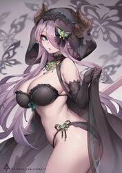 1girls bra breasts busty cleavage demon_girl demon_horns female female_only granblue_fantasy horns looking_at_viewer narmaya_(granblue_fantasy) oopartz_yang panties pink_hair solo