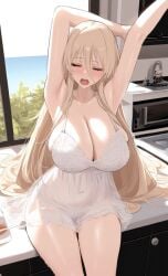 1girls armpits artist_request azur_lane big_breasts bismarck_(azur_lane) blonde_hair cleavage kitchen negligee ocean_view panties sleepwear yawn yawning