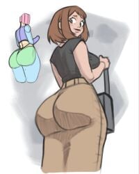 1girls anatomy_reference ass ass_focus ass_shadow bag bangs black_topwear bob_cut boku_no_hero_academia brown_eyes brown_hair bubble_butt business_attire clothed_female curvy dat_ass formal_wear holding_bag jakuson_z light-skinned_female light_skin long_skirt looking_at_viewer looking_back looking_down low-angle_view my_hero_academia my_hero_academia_(finale) ochako_uraraka post-timeskip purse rough_sketch satchel sideboob skirt smile smiling smiling_at_viewer tight_clothes tight_clothing tight_dress tight_pants voluptuous_female