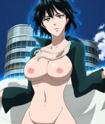 1girls 2019 2d aura big_breasts black_hair breast_focus breasts building building_background city coat dress edit esper frontal_nudity fubuki_(one-punch_man) green_eyes heroine human jewelry light-skinned_female light_skin necklace nipples no_sex nude one-punch_man pink_nipples powers public public_nudity screencap slim slim_waist solo solo_female standing superheroine third-party_edit