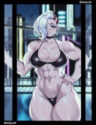 1girls abs absurd_res artist_name bikini black_bikini blue_eyes border choker cornrows cowboy_shot drugalek ear_piercing earrings eyes_visible_through_hair hair_over_one_eye hi_res highleg highleg_bikini jewelry legs_together looking_at_viewer milka01477 multicolored_hair muscular muscular_female original red_hair solo standing swimsuit two-tone_hair vazka_(weissnoire) wet white_hair