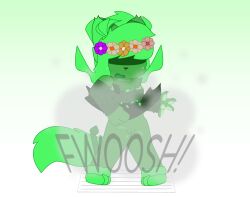 anthro bodily_fluids clothed clothing covered_eyes crossed_legs crystal_isabee elemental_creature felid feline female flower flower_crown fur genital_fluids genitals green_body green_fur green_hair hair hi_res light_blush mammal mother_nature_(crystal_isabee) partially_clothed pawpads plant solo standing upskirt vaginal_fluids vector_art vines vulva wind
