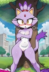 ai_generated blaze_the_cat covering covering_breasts discarded_clothing embarrassed embarrassed_nude_female exhibitionism furry furry_female looking_at_viewer public public_exposure public_nudity sega sonic_(series) sonic_the_hedgehog_(series) video_games