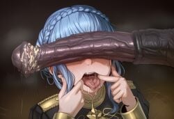 1girls ai ai_generated alcateldellai blue_hair clothed clothing cock_worship eyes_hidden fingers_in_mouth fire_emblem fire_emblem:_three_houses fishhooking horse horse_penis horsecock marianne_von_edmund messy open_mouth penis_awe penis_on_face saliva smegma spit tongue veiny_penis zoophilia