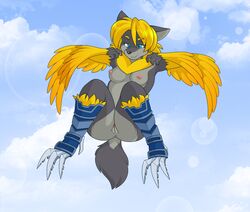 anthro anus breasts canid canine cloud feathered_wings feathers female helsy hi_res hybrid mammal nipples nude outside pussy smile solo wings