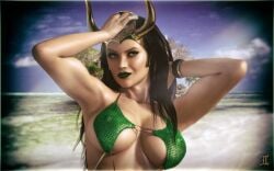 1girls 2014 3d big_breasts bikini bikini_top black_hair breasts cleavage exgemini female green_lipstick lady_loki loki_(marvel) marvel nipple_bulge norse_mythology sideboob solo