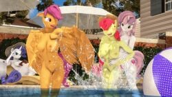 16:9 2019 3d 4k 5_fingers absurd_res anthro apple_bloom_(mlp) ball beach_ball blue_eyes blush breasts closed_eyes clothing cutie_mark cutie_mark_crusaders_(mlp) equid equine eyelashes eyewear female friendship_is_magic glasses green_eyes group hair hat headgear headwear hi_res horn laugh mammal my_little_pony navel nipples nude one_eye_closed open_mouth orange_body outside partially_submerged pink_eyes pink_hair pterippus purple_hair pussy rarity_(mlp) reclining scootaloo_(mlp) skyleesfm smile source_filmmaker splashing standing straight_hair sweetie_belle_(mlp) swimming_pool tickling umbrella unicorn water white_body wings yellow_body