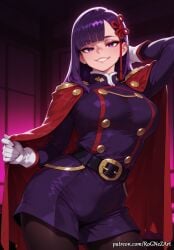 2026 ai_generated anime arm_behind_head bangs belt black_pantyhose blunt_bangs breasts cape cleavage crossover eye_contact female female_focus female_only gloves grin hair_accessory hair_ornament hair_ribbon handwear highres huge_breasts jacket large_breasts long_hair long_sleeves looking_at_viewer mato_seihei_no_slave nsfw pantyhose patreon purple_eyes purple_hair red_cape rognezart shorts smile smiling solo stockings uniform very_long_hair white_gloves yamashiro_ren