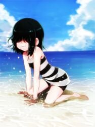 beach beach_background black_hair blush hair_over_eyes jcm2 lucy_loud nickelodeon nicktoons ocean swimsuit the_loud_house white_skin