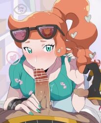 1boy 1girls bar_censor blowjob blush censored dark-skinned_male dark_skin eyewear_on_head green_eyes hair_ornament heart heart_hair_ornament leon_(pokemon) looking_at_viewer medium_penis nail_polish nintendo orange_hair penis pokemon pokemon_ss ponytail pov pov_crotch pov_male reflection rem_(eyes_410) side_ponytail sonia_(pokemon) straight