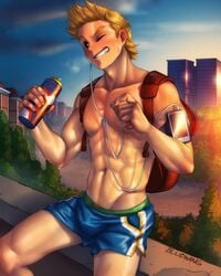 1boy abs biceps blonde_hair bludwing bulge male male_only mirio_togata muscle muscles muscular muscular_male my_hero_academia shirtless solo sweat sweatdrop