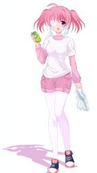 absurdres ahoge asymmetrical_hair bag beer_can can denim denim_shorts drink_can eyepatch female full_body highres layered_clothes looking_at_viewer mezzo_piano nikopilled88 non-web_source open_mouth original pink_hair plastic_bag shoes shorts smile sneakers thighs twintails white_background