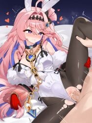 1boy 1girls absurdres adapted_costume ahoge animal_ears arm_support bare_shoulders black_bow black_pantyhose blush bow breasts breath censored chains clenched_teeth clitoral_hood clitoris clothed_female_nude_male clothed_sex clothing_aside colored_inner_hair commentary covered_navel denia_(wuthering_waves) english_commentary fake_animal_ears female gloves hair_intakes hair_ornament hairbow heart highres leotard leotard_aside light-skinned_female light-skinned_male light_skin long_hair looking_down lying md5_mismatch medium_breasts multicolored_hair nabiyan nude on_bed on_side paid_reward_available pantyhose parted_lips penis pink_hair purple_eyes purple_hair pussy rabbit_ears red_gloves sex solo_focus stomach_bulge straight teeth torn_clothes torn_pantyhose twitching vaginal_penetration white_leotard wuthering_waves