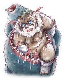 2018 anthro belly blue_eyes brown_fur canid canine fur humanoid_hands male male_only mammal monster moobs nipples overweight overweight_male raccoon_dog roostax_wilddog scar tanuki tentacle wet