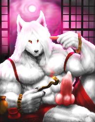 alcohol asian_mythology beads beverage canid canine cloud coin dynathecat east_asian_mythology fog fox fox_spirit fur japanese knot leather male_only mammal moon muscular mythology opium pipe precum prostitution sake smoke